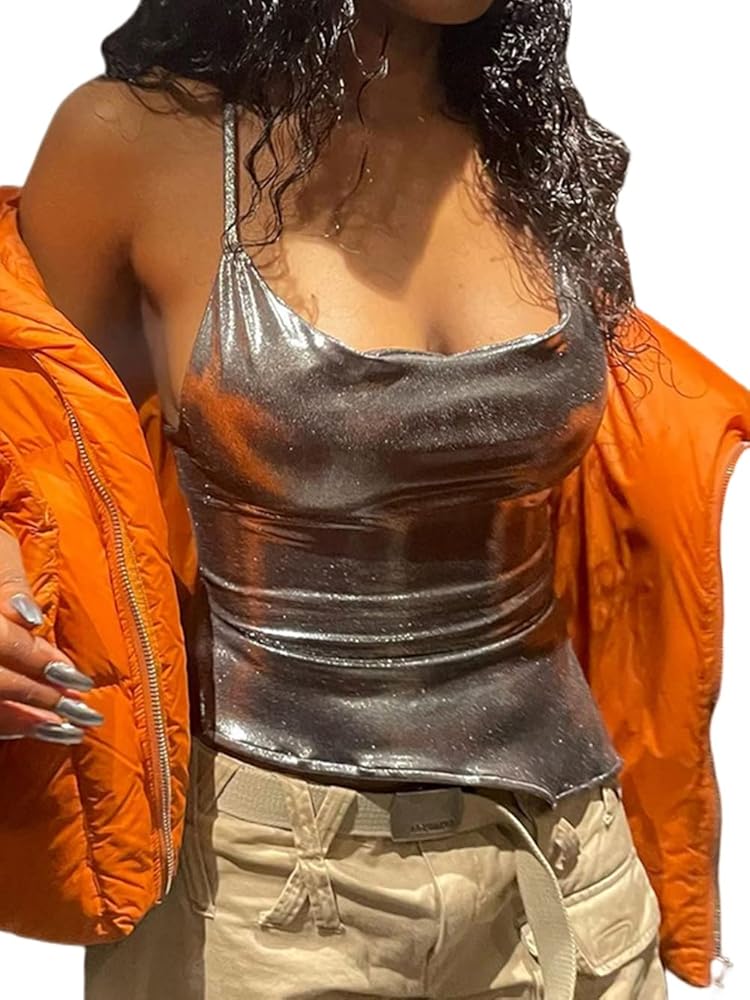 Shiny Metallic Halter Square Neck Going Out y2k Sexy